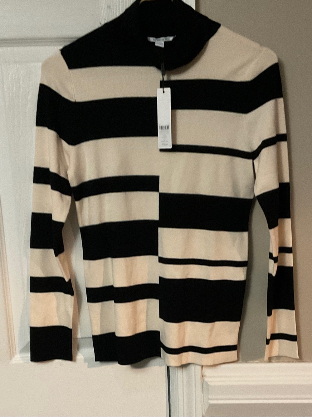Chico's Black and Cream Striped Turtleneck Sweater